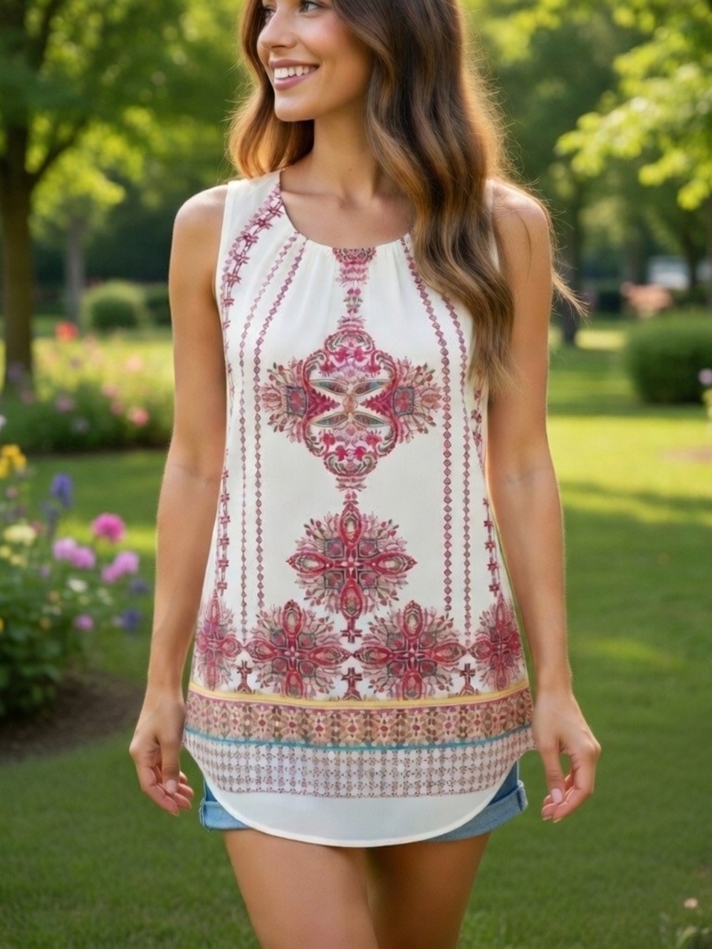 Rose & Olive Sleeveless Cream Tank Top with Pink Paisley Print Size S